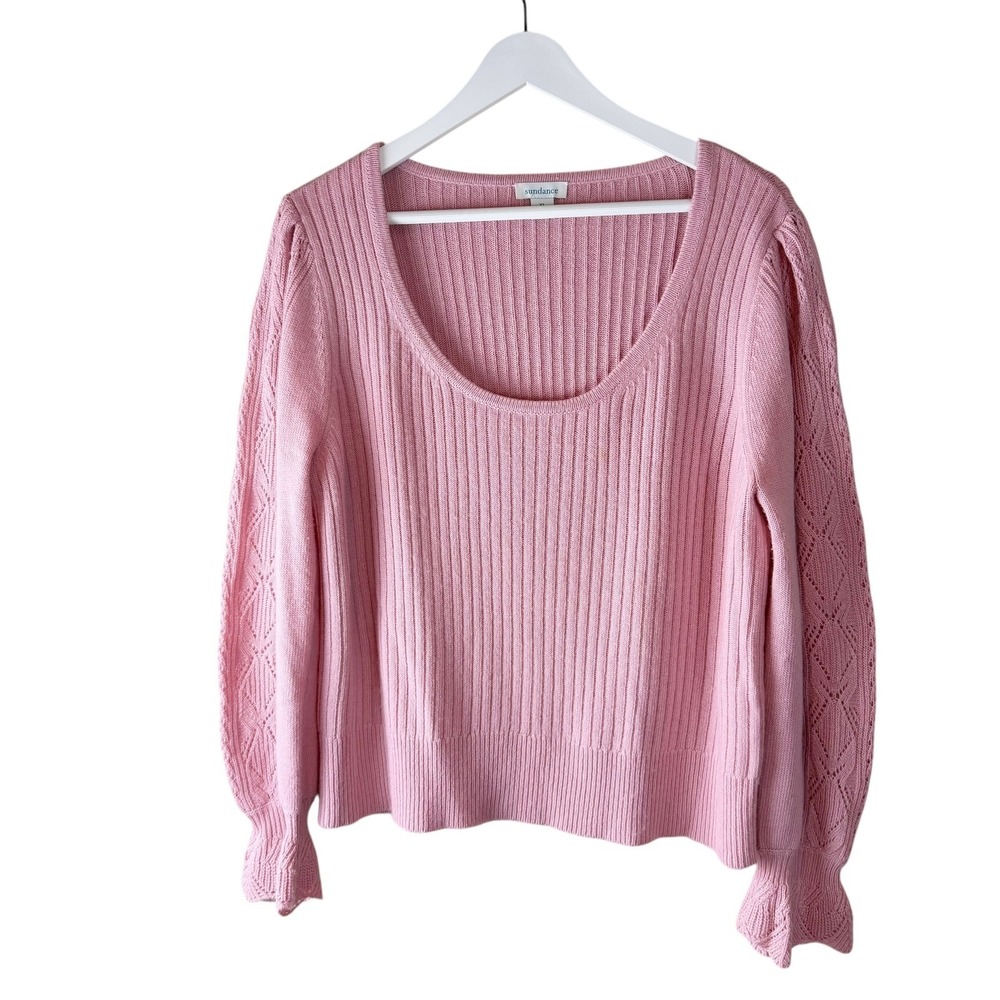 Sundance Pink Ribbed Merino Wool Blend Scoop Neck Pointelle Sleeve Sweater XL